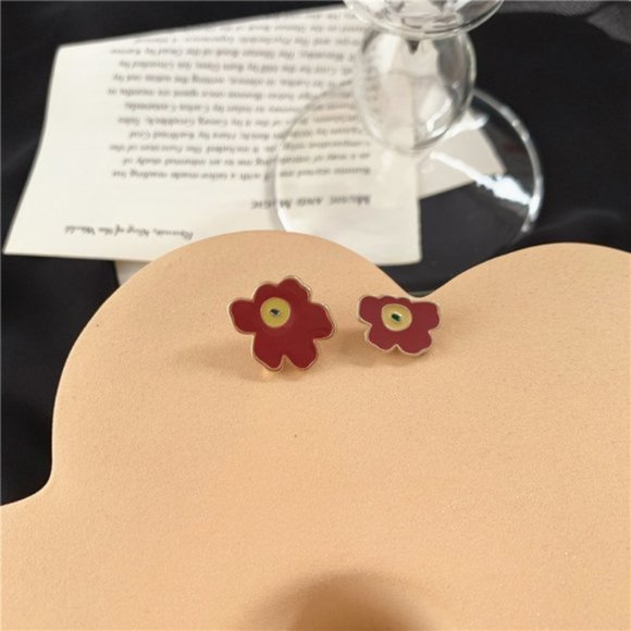 Enamel Red Flower Stud Earrings - Picture 3 of 3